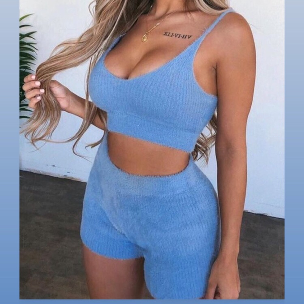 Spaghetti Strap Fluffy Top & Shorts Set